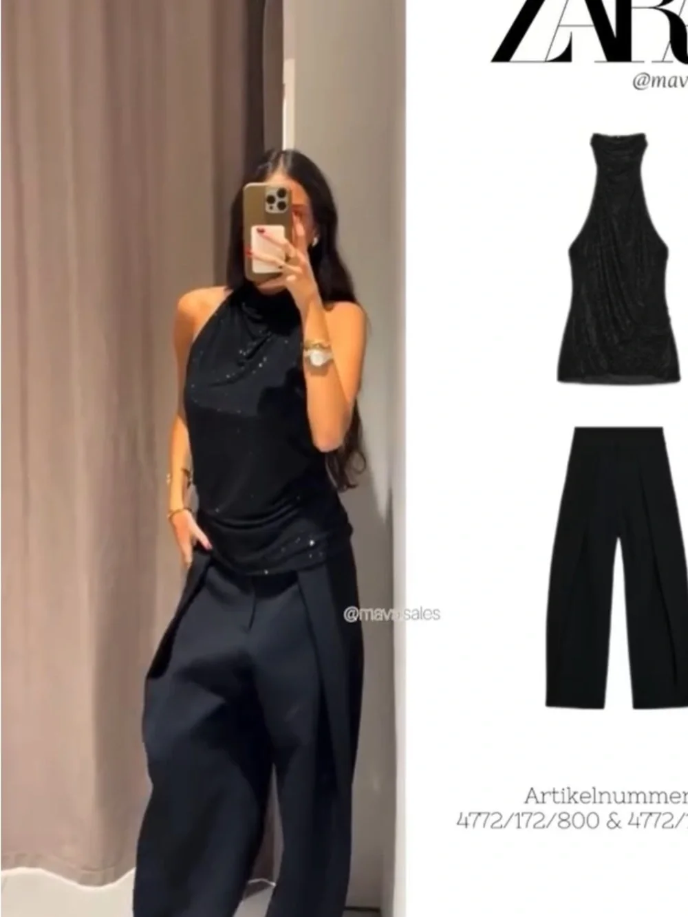 Zara Black Sequin Halter Camisole - Picture 2 of 5